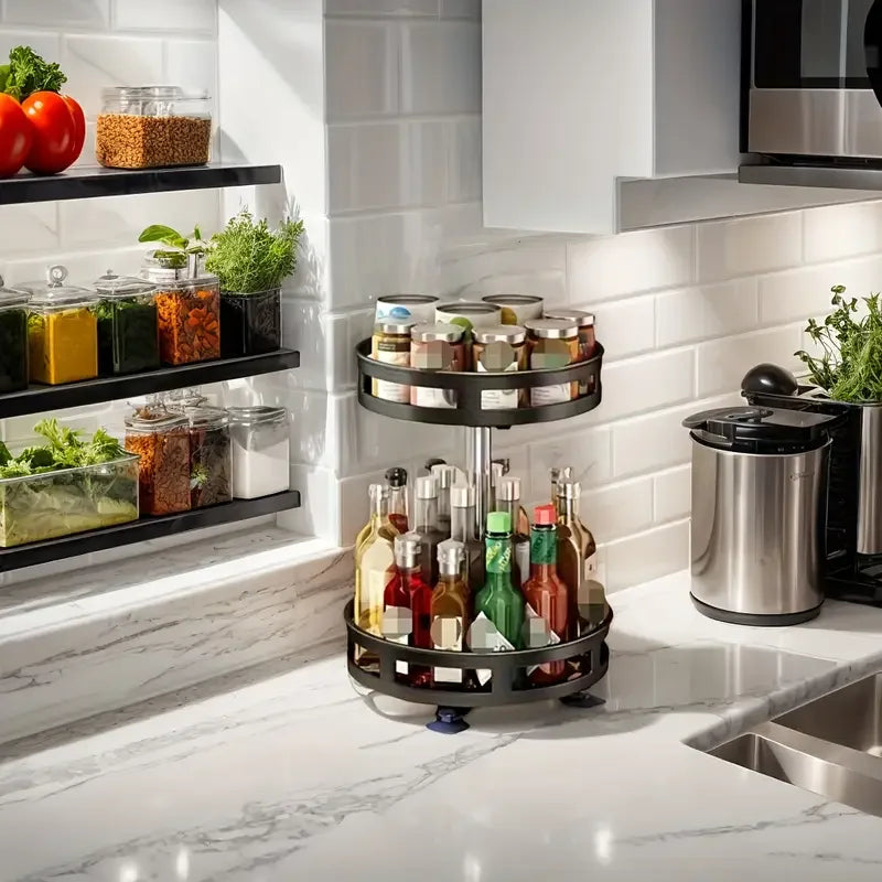 3-Tier Metal Rotating Spice Rack 360-Degree Non-Skid Carbon Steel Storage Tray for Kitchen Seasonings and Cans