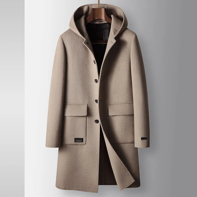 2024 Winter New Men's Hoodie Medium Long Woolen Coat Rabbit Plush Thick Warm Casual Coat High end Fabric 100% Pure Wool