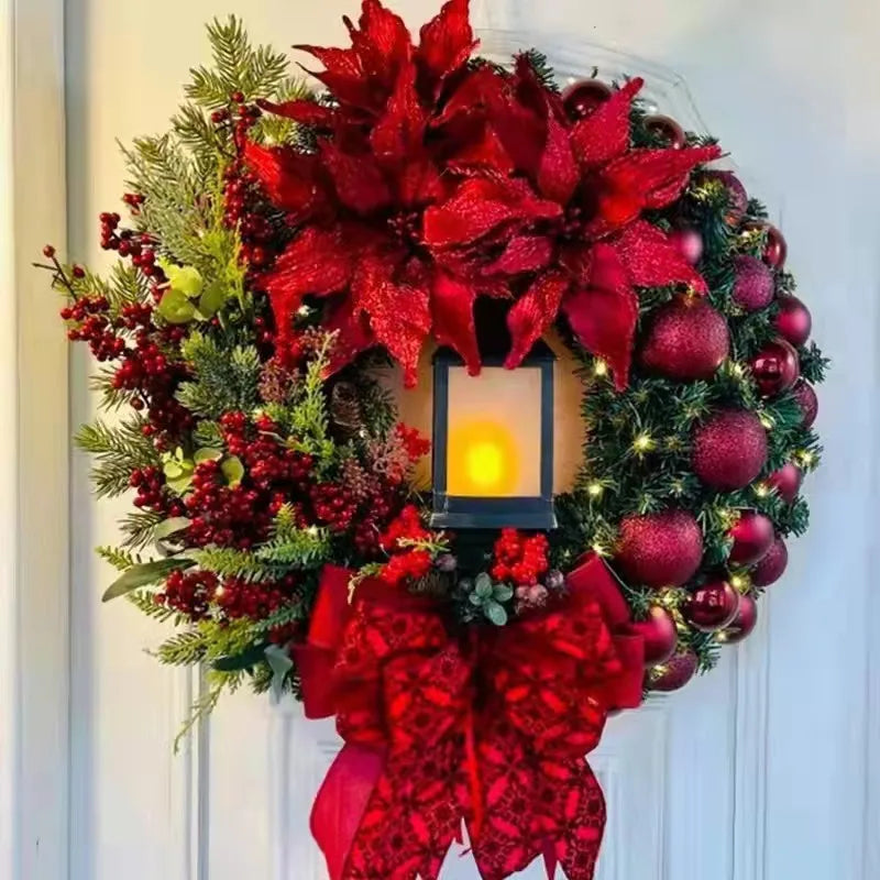 45cm Christmas Decoration Golden Wreath With Lamp For Front Door Red Ball Flower Garland Xmas Ornament Window Wall Hanging Decor