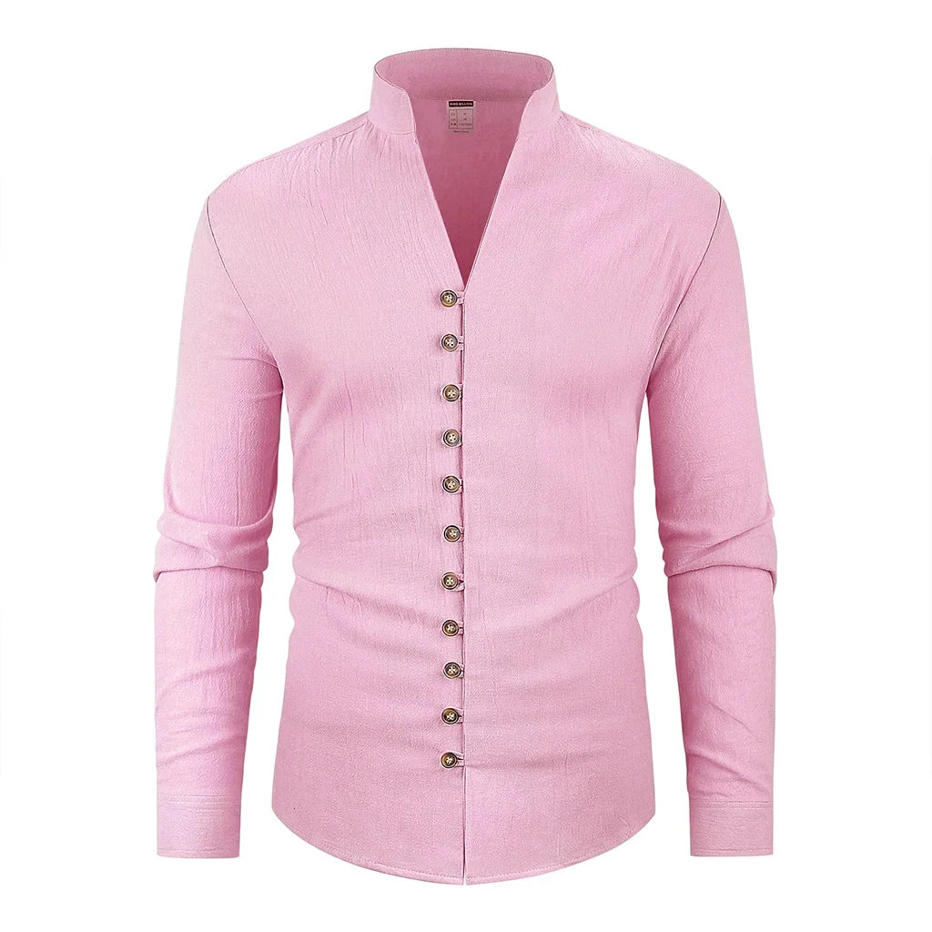 Spring Aututmn Men's Shirt Single Breasted Stylish Henley Neck Cotton Linen Casual Button Tops Simple Style Male Cozy Top