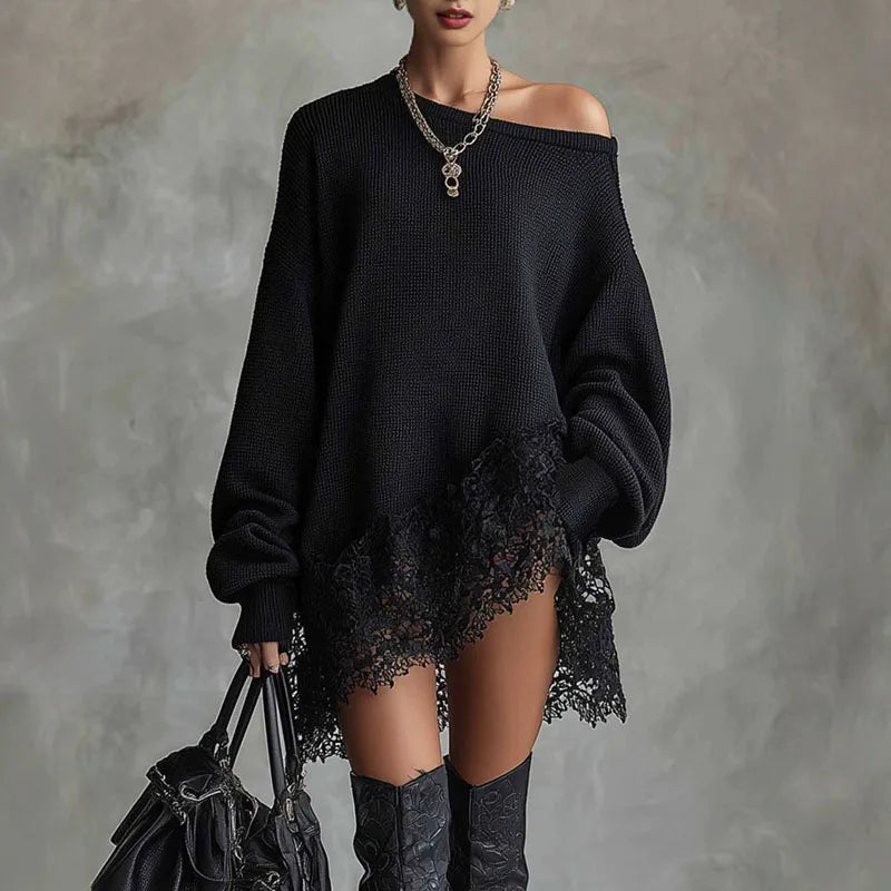 Abito in maglia da donna con spalle scoperte e bordo in pizzo