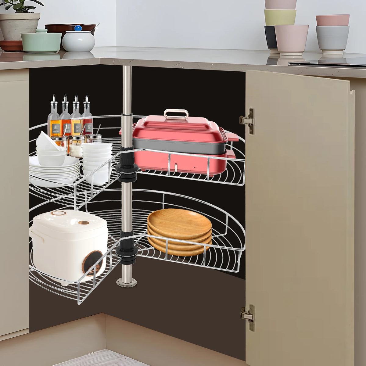 2-Tier 270° Rotating Corner Cabinet Organizer, Silver Adjustable Height Blind Corner Storage Basket Ideal for Kitchen Supplies
