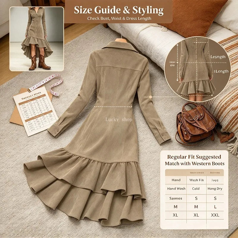Women's Suede Shirt Dress with Lapels, Long Sleeves, Button Front, Asymmetrical Hem and Ruffle Detail, Midi Length