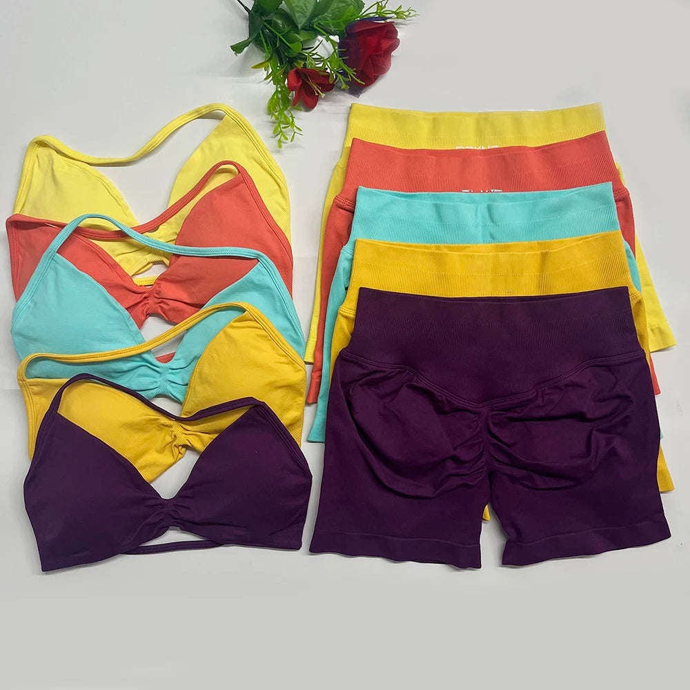2PCS DF Gym Set Women Strappy Yoga Bra Top Sportswear Workout Scrunch Shorts Sports Suit Seamless Set Fitness Clothes