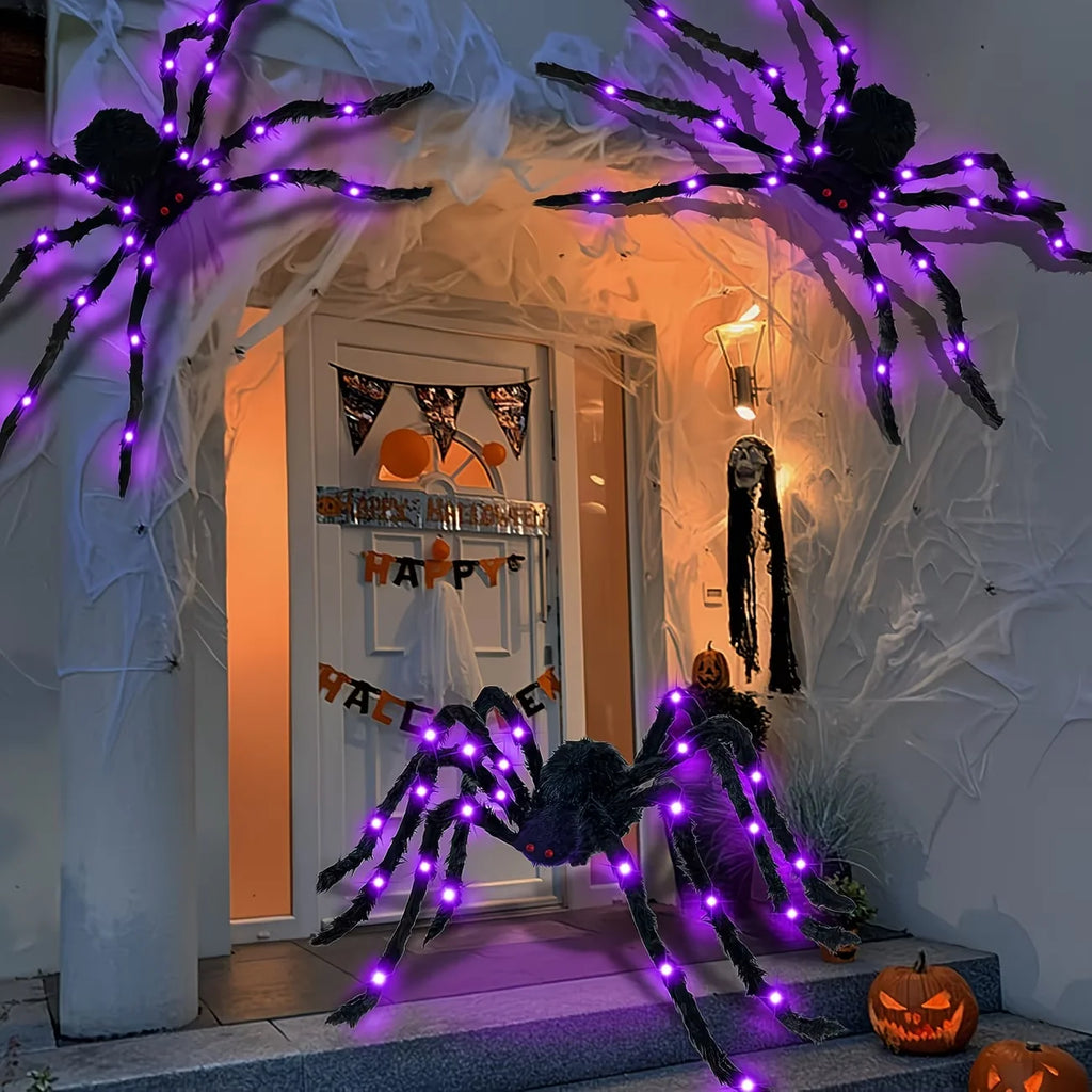 1 Stück Halloween-Riesenspinne, flauschig und schwarz, mit violetten LEDs, batteriebetrieben, 8 Leuchtmodi, für die Innen- und Außendekoration von Veranden