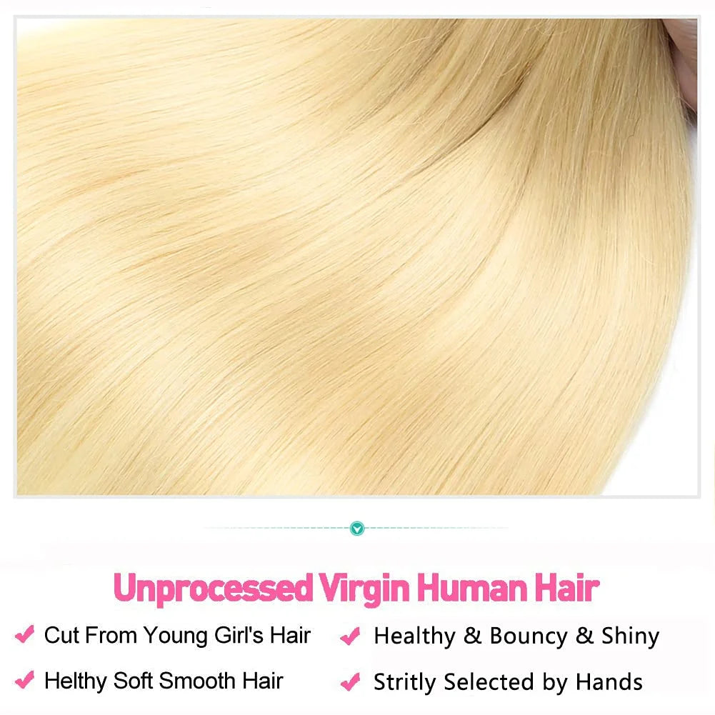 613 Straight Human Hair Bundles, 12A Unprocessed, 16, 18, 20 Inch, Blonde Human Hair Straight Weave Bundles Deal, 613 Straight Double Strong Weft Extensions, 613 Human Hair, 1/3/4 Bundles for Black Women