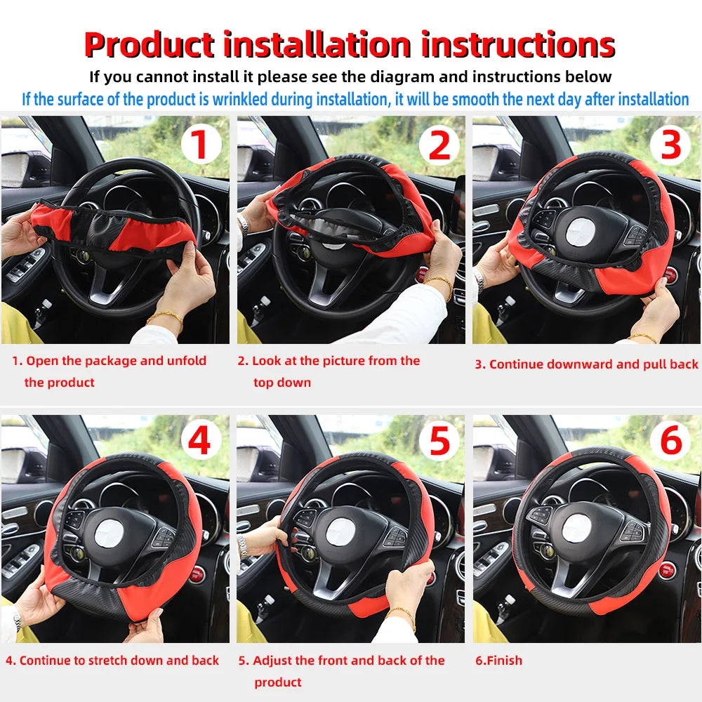 Housse de volant de voiture en cuir PU fibre de carbone sans anneau intérieur, adaptée aux accessoires automobiles de 14,5 à 15 pouces