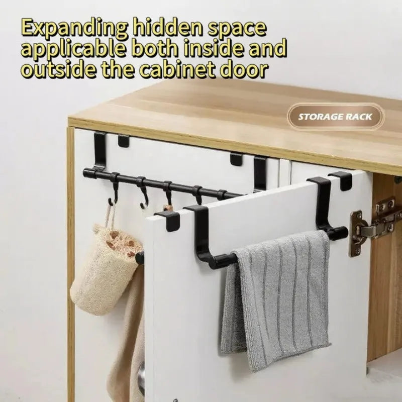 No Drill Hanging Towel Rack for Kitchen - Over Cabinet Door Storage Organizer for Dishcloth Gloves Sponge Holder