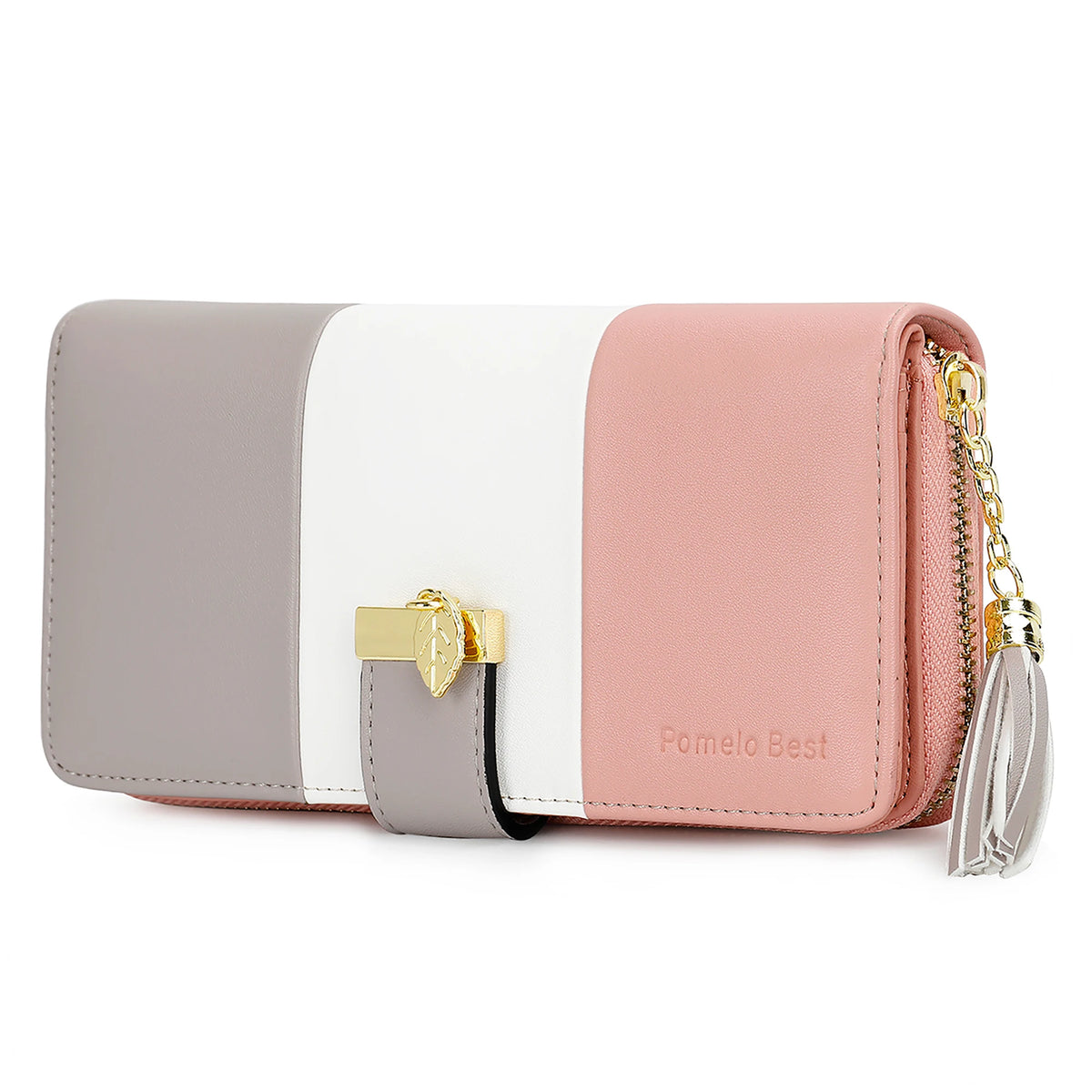 Pomelo Best 2026 Women RFID Wallet Color Block PU Clutch Multi Card Slots Phone Compartment Zipper Ladies Travel Coin Purse