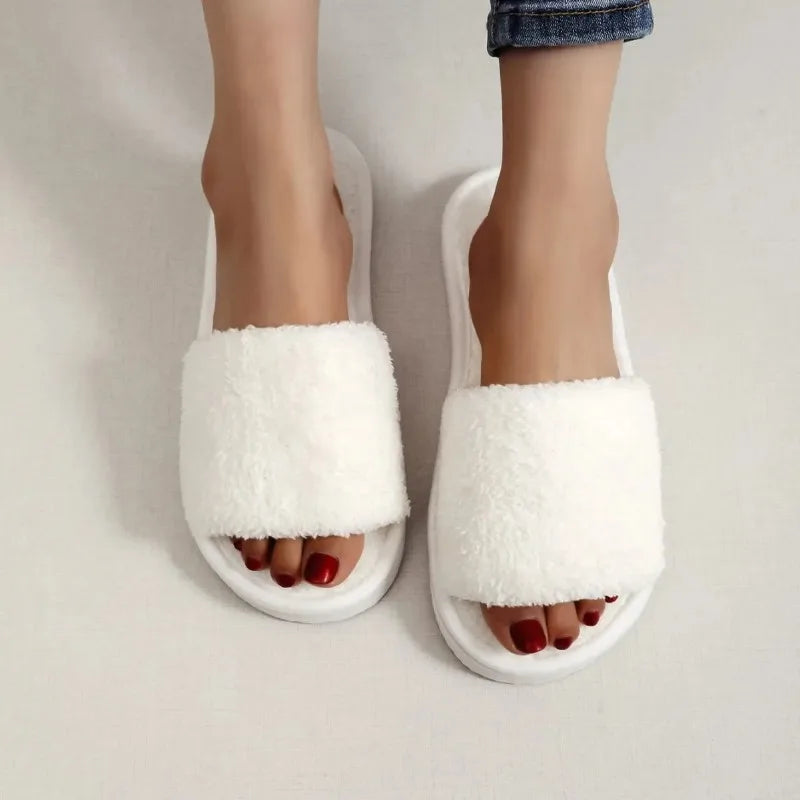 Four Seasons New Women's Home Slippers Slides Sandals Shoes White Fur Warm Plush Comfortable Lightweight Flat