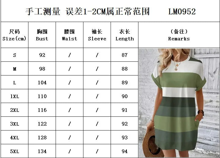 Striped Crew Neck Dress Elegant with Pockets Plaid Pullover Three Quarter Sleeve Commuter Chic Striped Women Summer Dress