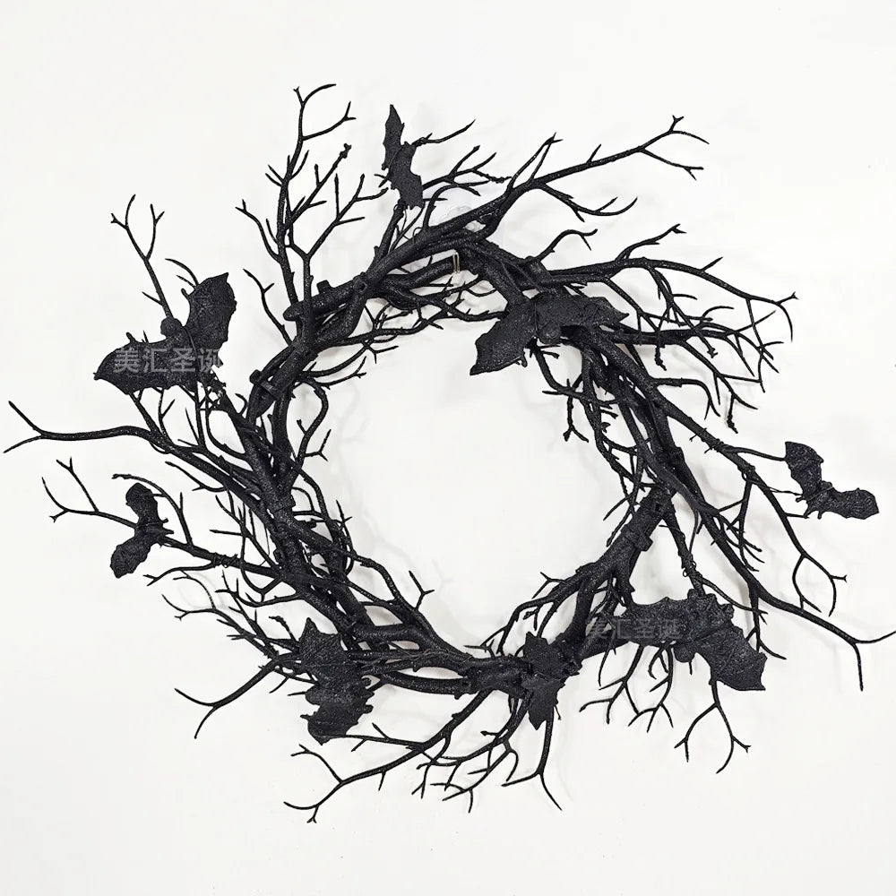 Halloween Artificial Wreath Bat Black Branch Wreaths Wreath For Front Door With LED Light Window Home Decor Halloween Decoration