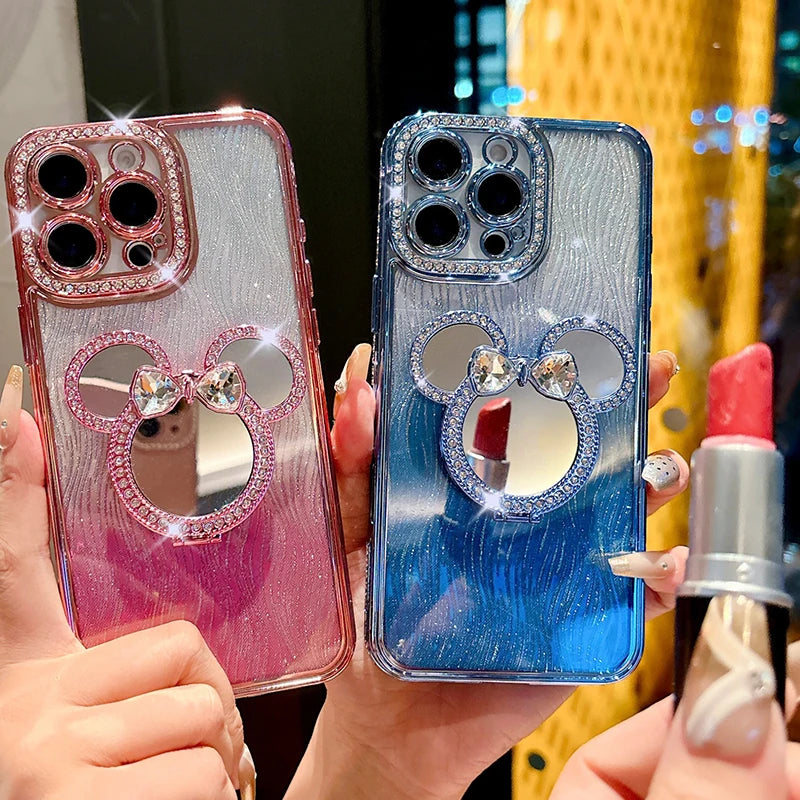 Luxury Glitter Cute Mirror Case For iPhone 18 ProMax 17 Air 16 15 Plus 14 Pro 13 12 Pro Max Rotation Bracket Half Wrapped Cover