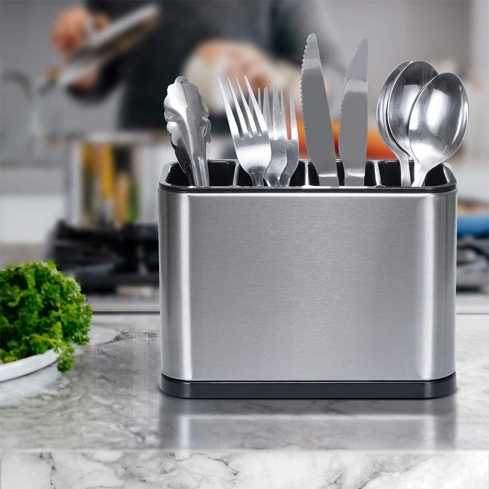 LMETJMA Silverware Caddy Cutlery Organizer Stainless Steel Utensil Drying Rack Flatware Holder with 4 Divided Compartments