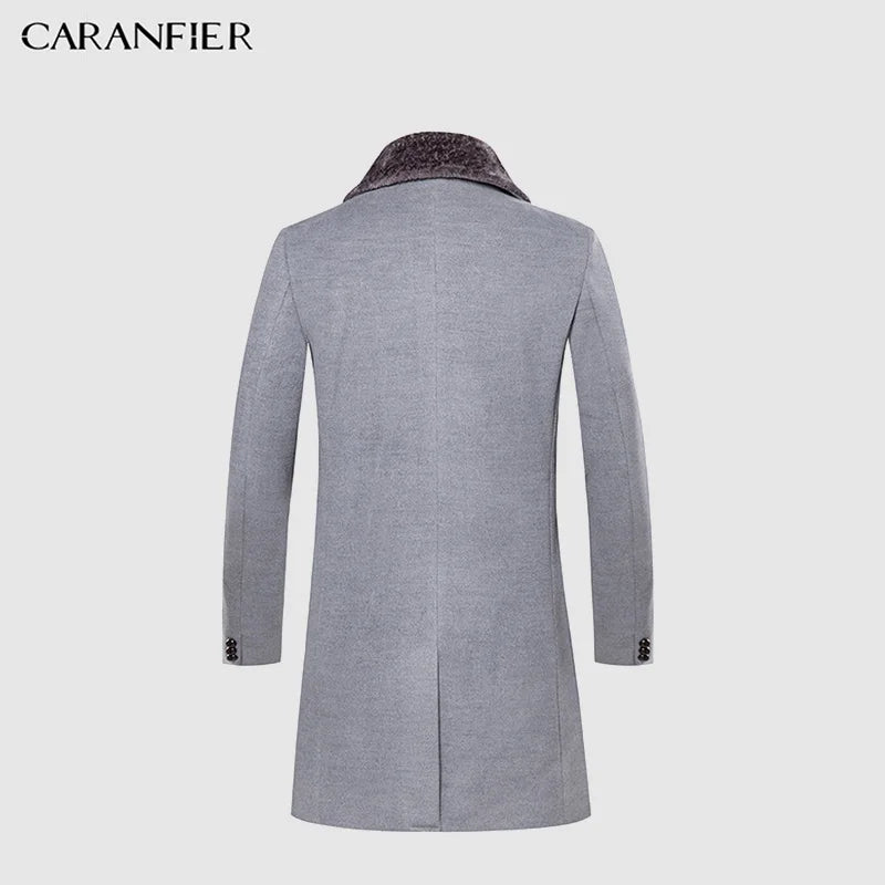 CARANFIER New Arrival Winter Men's Long Woolen Coat Fur Collar Warm Wool Coats Male Solid Color Slim Casual Windbreaker Jacket