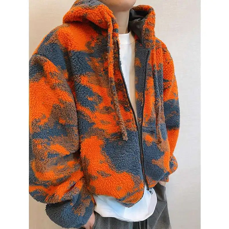 Large-sized men's autumn and winter retro, cool and stylish orange firecloud tie-dyed hooded lambskin warm thick coat