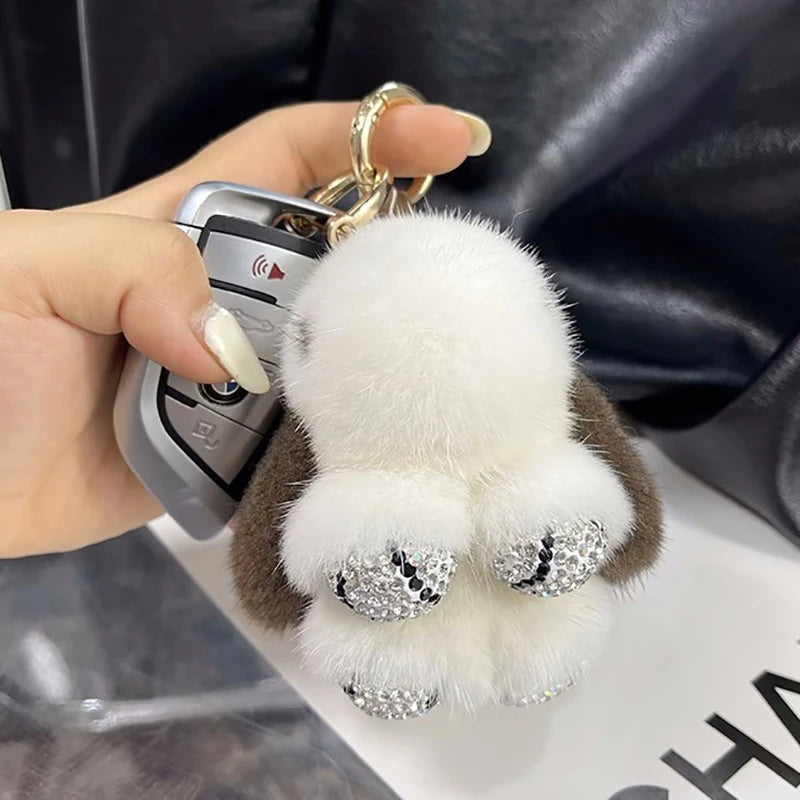 Luxury Big Mink Fur Bunny Fur Pendant Bag Jewelry Key Chain Plush Pendant Trumpet Cute Cute Rabbit Children Animal Cartoon Doll