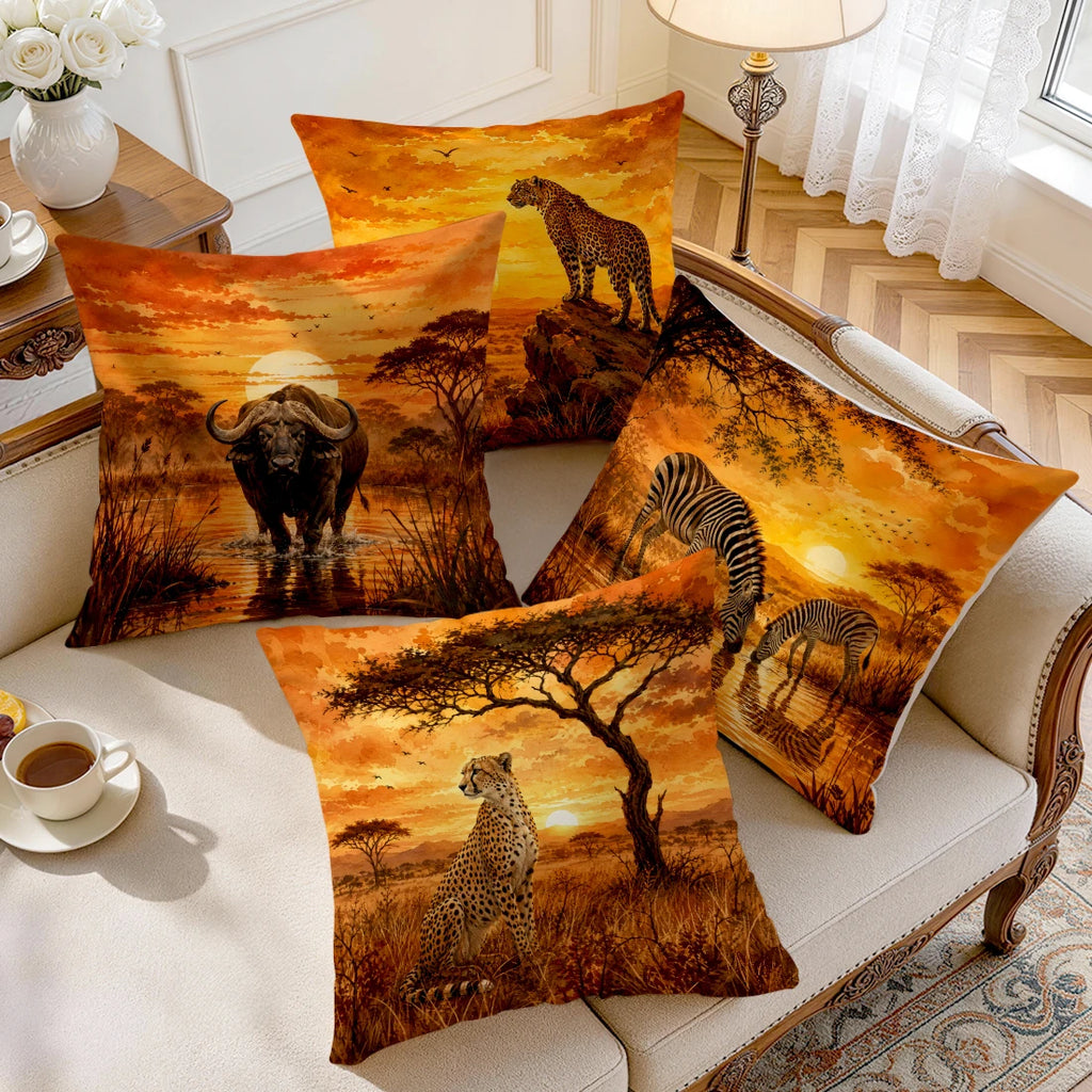 1/4 pcs African Grassland Animals Cushion Covers, Polyester Throw Pillowcases for Home, Car, or Sofa Decor