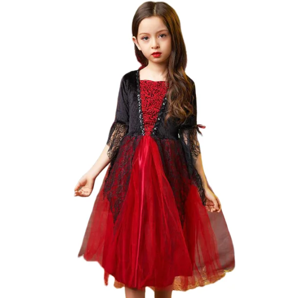 Costume d’Halloween pour enfants, costume de vampire fantastique pour filles, robe longue en tulle, tenue de carnaval gothique à plumes