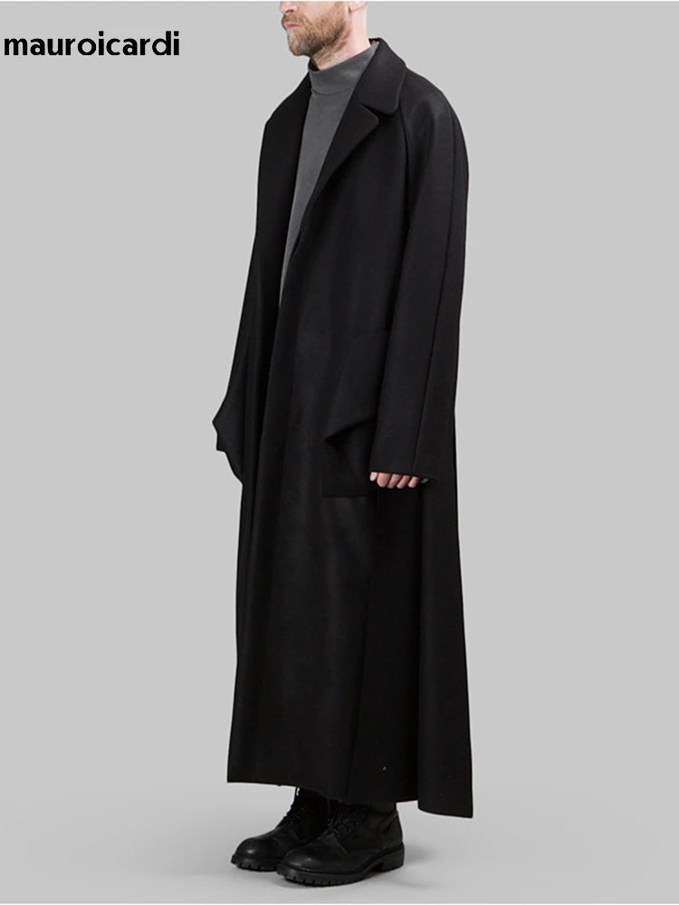 Mauroicardi Autumn Winter Extra Long Black Oversized Soft Wool & Blends Coat Men Single Breasted Luxury Designer Fashion 2023