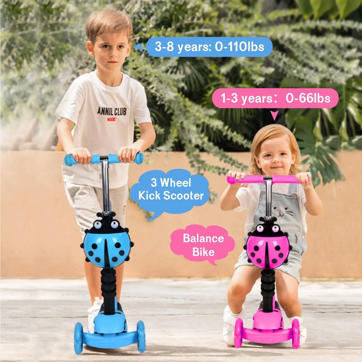 Monopattino per bambini 5 in 1, monopattino a 3 ruote con luci LED lampeggianti, manubrio, sedile e maniglione regolabili e rimovibili