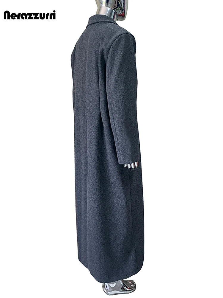 Nerazzurri Autumn Winter Extra Long Warm Fitted Grey Wool Blends Coat Men Luxury Floor Length Woolen Overcoat Menswear Clothes