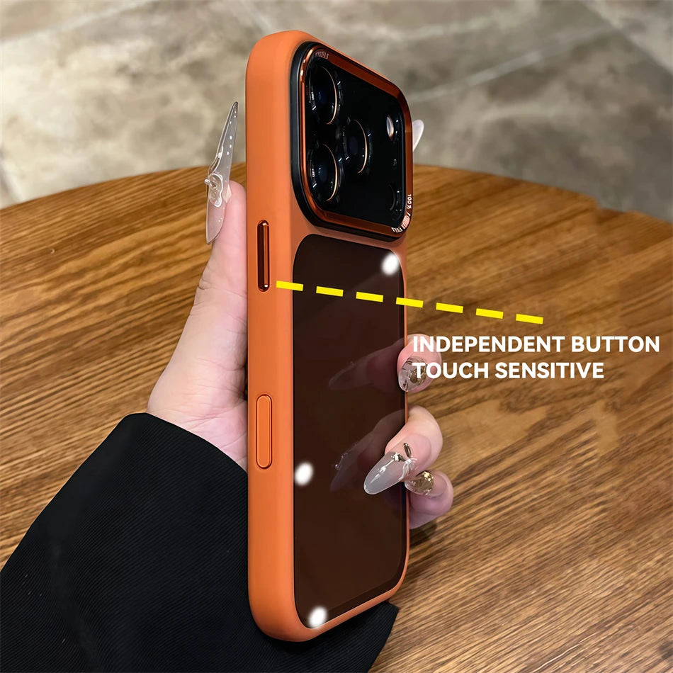 Luxury Matte Bumper Orange Transparent Case For iPhone Air 13 14 15 16 17 18 Pro Max Metal Camera Buttons Shockproof Clear Cover