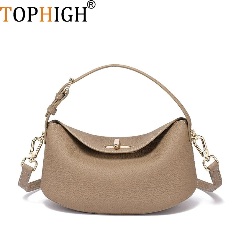 TOPHIGH New Genuine Leather Bucket Bag Simply Crossbody Bags For Women Luxury Designer Fashion Handbag Ladies Shoulder Purse Bag