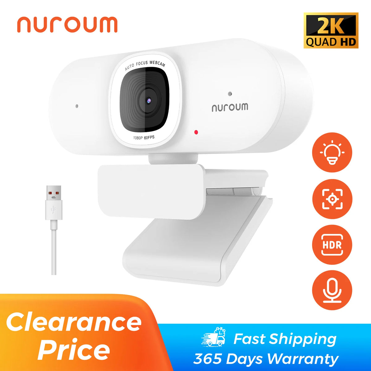 NUROUM V15AFL 2K Auto Focus Webcam with Ring Light, White USB HD Web Camera for PC Laptop, 1080P Low Light Enhancement, Noise Cancelling Mic, Plug & Play for Zoom Teams Video Conferencing Remote Work