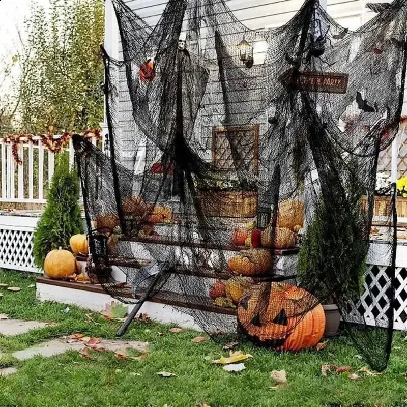 Telas Negras Espeluznantes para Halloween 76x198cm Telas de Malla Tipo Queso Telas de Gasa para Fiesta de Halloween Telas de Malla para Telarañas de Pared Telas para Escenas de Terror Accesorios