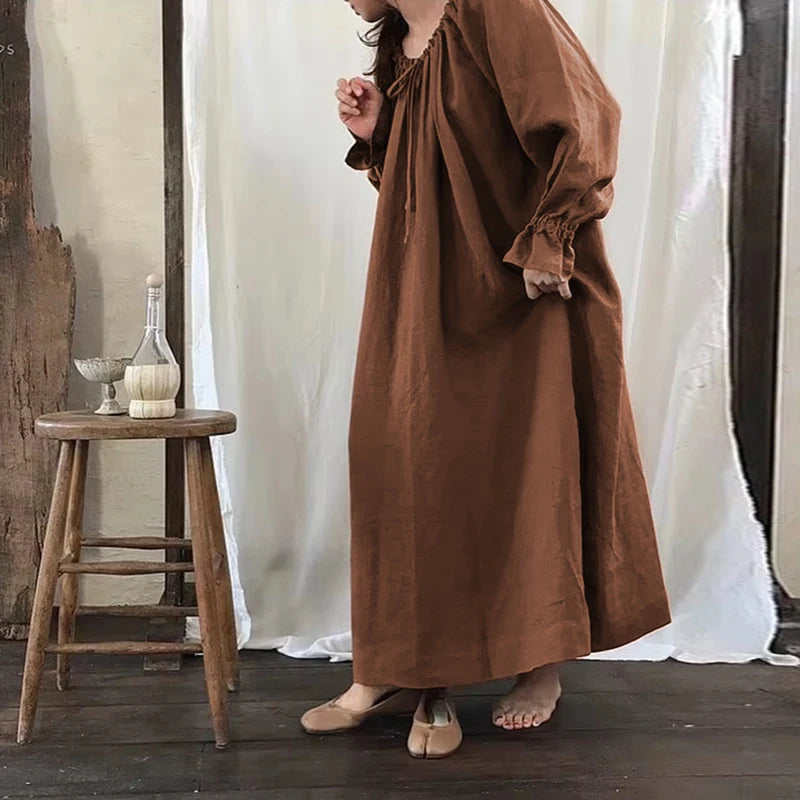 Abito midi da donna in cotone e lino con maniche a lanterna