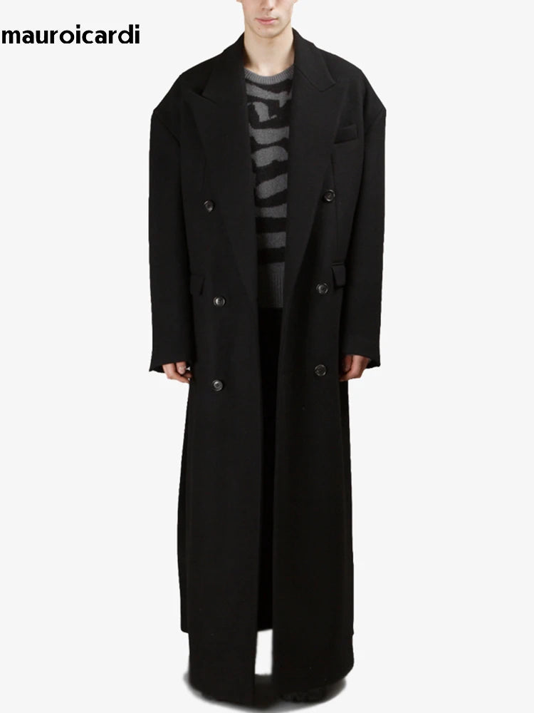 Mauroicardi Autumn Winter Extra Long Black Oversized Thick Warm Soft Wool & Blends Coat Men Double Breasted Korean Fashion 2023