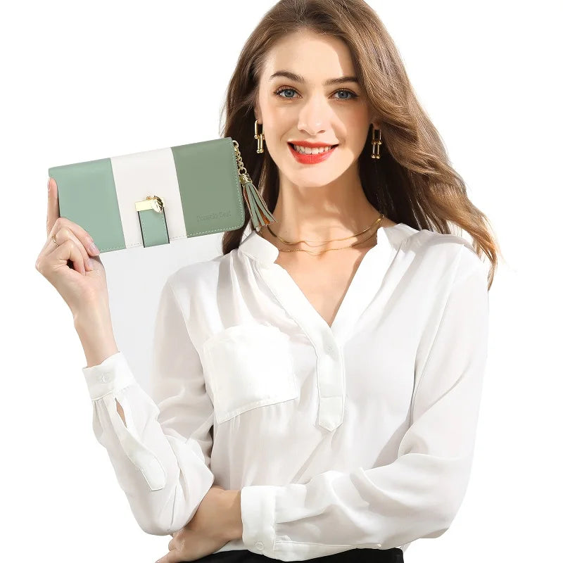 Pomelo Best 2026 Women RFID Wallet Color Block PU Clutch Multi Card Slots Phone Compartment Zipper Ladies Travel Coin Purse