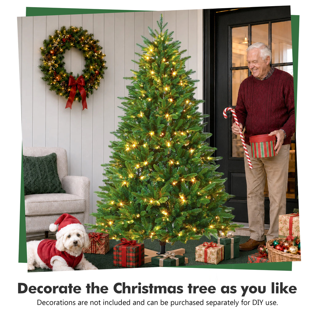 PVC+PE Artificial Christmas Tree 180/210cm, 940/1209 Branch Tips, 300/400 Warm White LEDs, Realistic 3D PE+PVC Fir Tree with Wooden Stand, Indoor Xmas Decoration