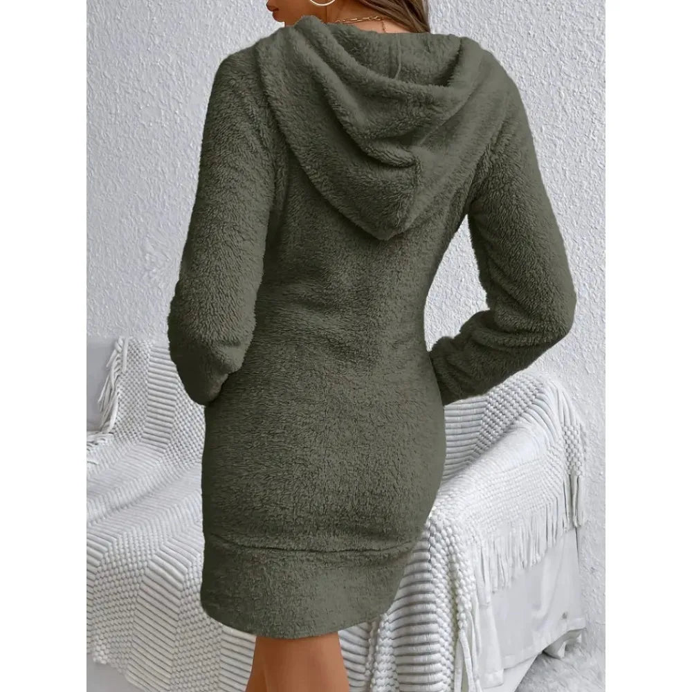 Women's polyester mini dress with V-neck and long sleeves