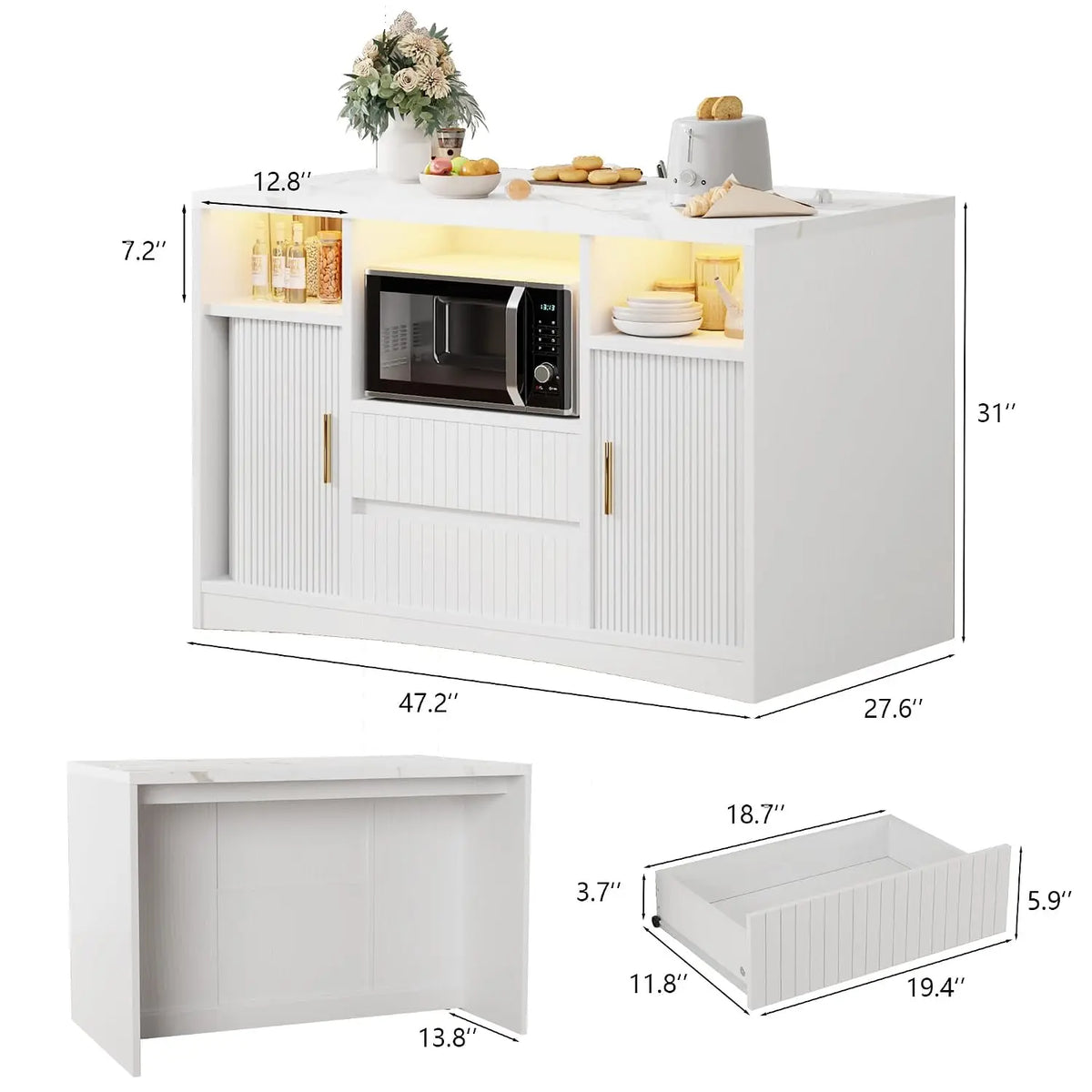 Kitchen Island Storage & Power Outlet, Kitchen Island Table with Drawers & Shelves, Dining & Prep Station, Customized