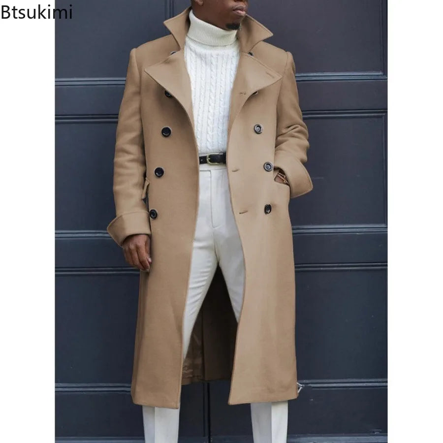 New 2026 Autumn Winter Men's Trench Coat British Style Fashion Slim Fit Double Breasted Overcoats Mid-Length Casual Woolen Coats