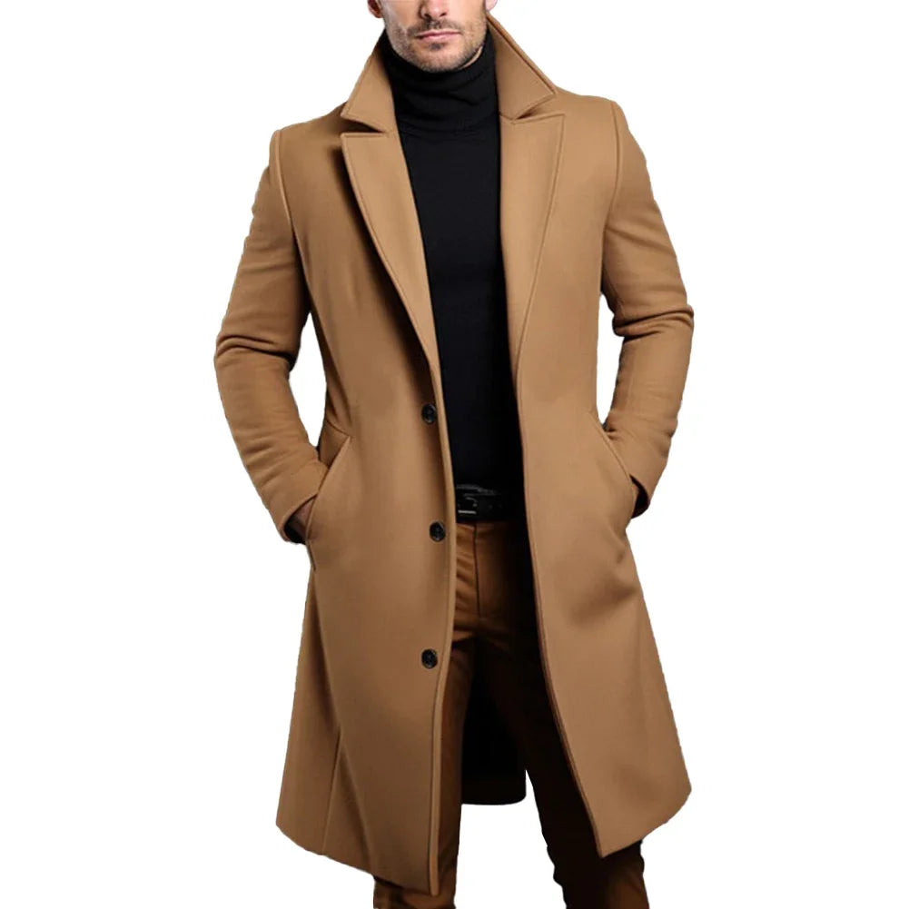 Autumn Winter Long Woolen Trench Coats Men Solid England Style Smart Casual Wool Blends Coat Turn Down Collar Warm Male Clothing