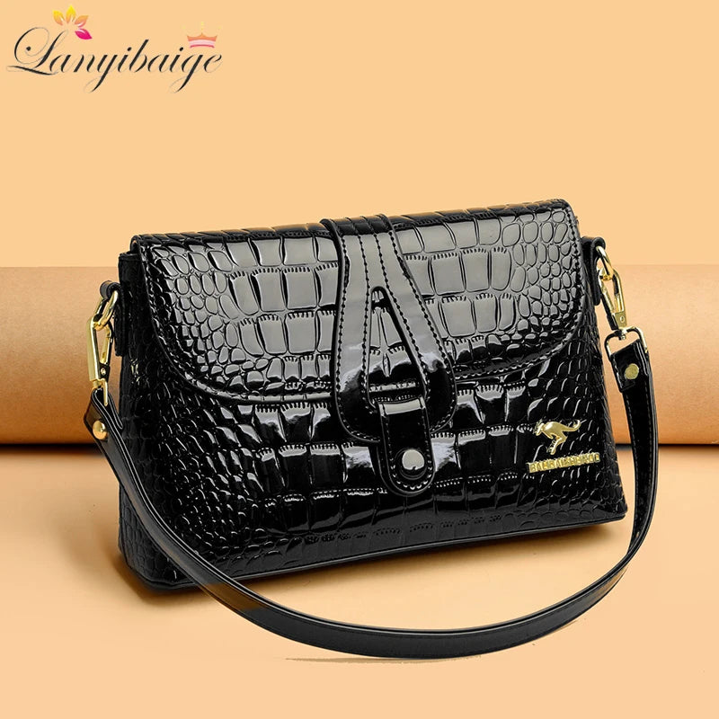 2026 Women Patent Leather Shoulder Bags Luxury Designer Large Capacity Crocodile Stripe Crossbody Bag High Quality Messenger Bag