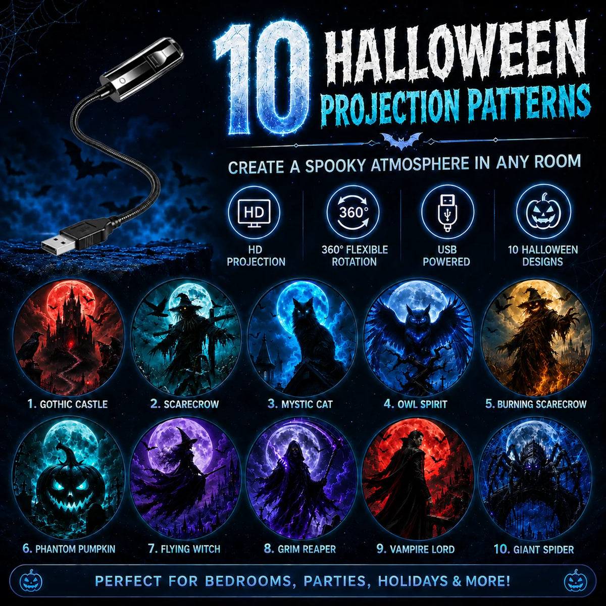 Luz nocturna ambiental de proyección con 10 patrones temáticos de Halloween