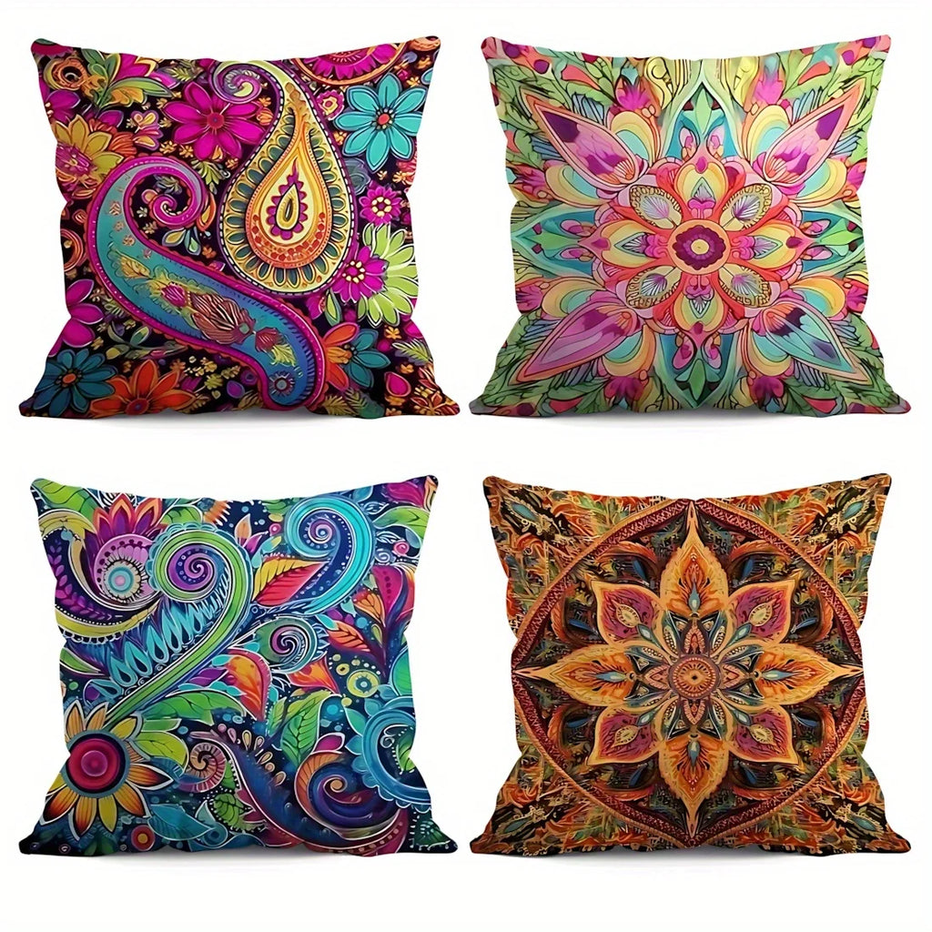Set aus 4 Kissenbezügen mit floralem Mandala-Muster im Boho-Stil, schicke Boho-Kissenhüllen für Wohnzimmer und Wohnaccessoires