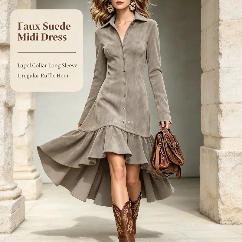 Women's midi dress with lapel collar and long sleeves