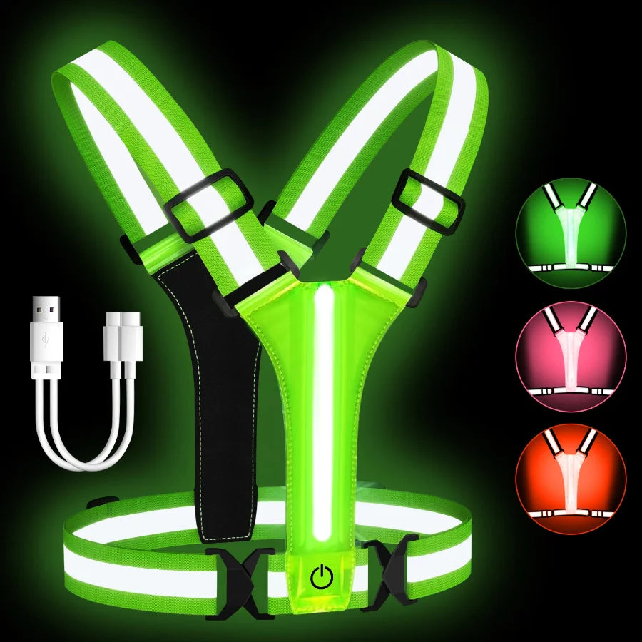 LED Running Vest USB Rechargeable Reflective Glowing Reflector Straps High Visibility Night Running Riding Clothing Elastic Band