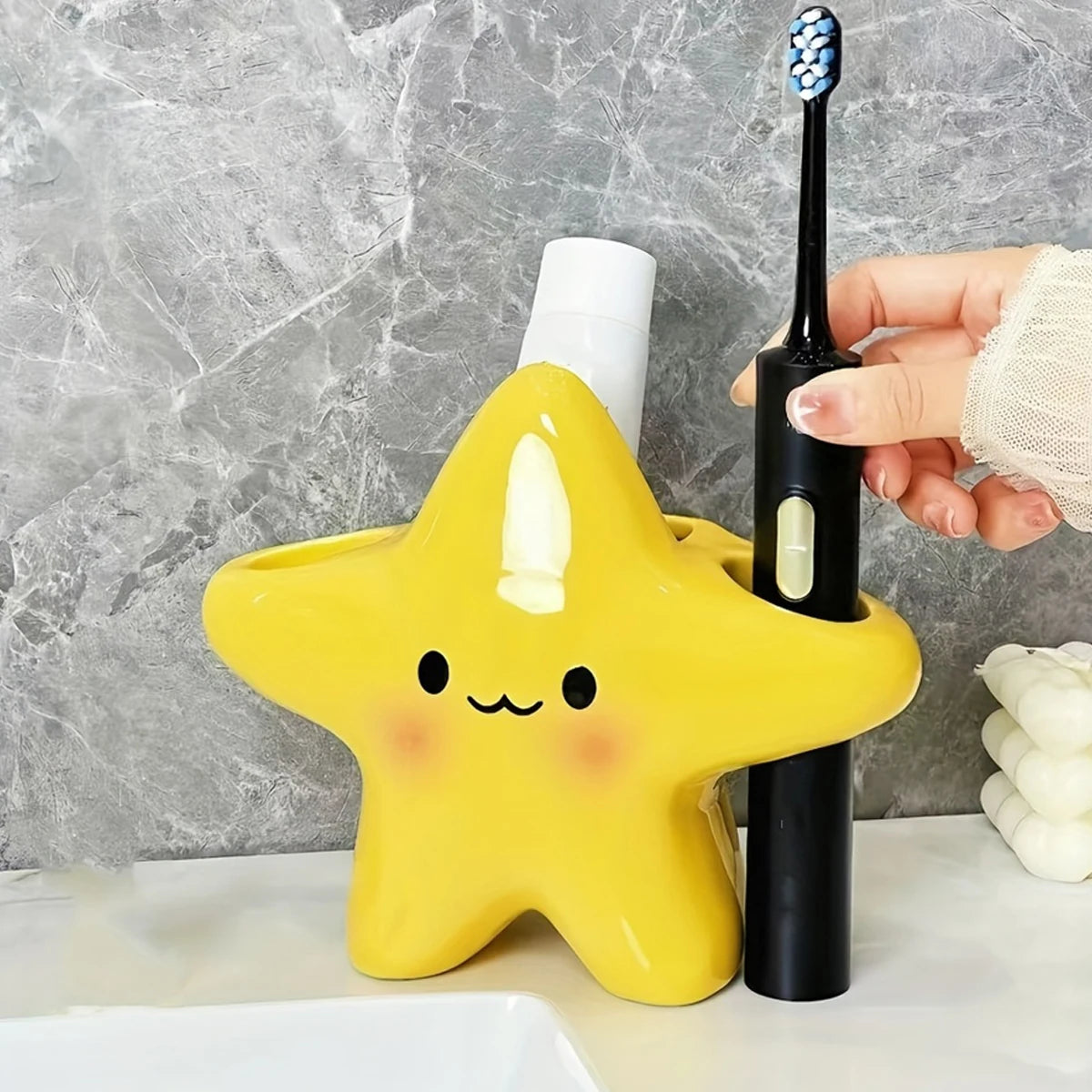 Portalápices de dientes en forma de estrella, organizador de baño independiente con diseño de cara bonita, ahorra espacio para cepillos y pasta de dientes
