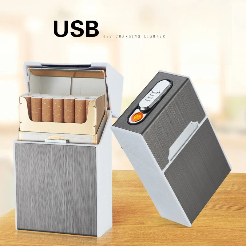 Pitillera para 20 cigarrillos con encendedor de hilo de tungsteno, carga USB, resistente al agua y a la humedad para exteriores, encendedor electrónico