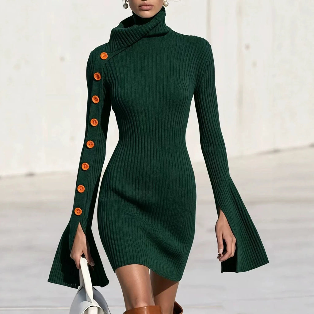 Women's Elegant Ribbed Knitted Tight Fitting Dress With High Neck Split Flared Sleeves Decorative Buttons Slim Fit Party Dress