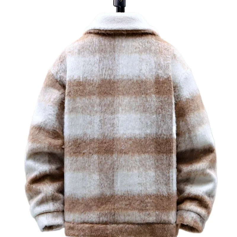 Retro Men's Woolen Coat Winter Add Velvet Keep Warm Jackets Classic Plaid Print Loose Casual Trench Blends Jacket Men Clothing