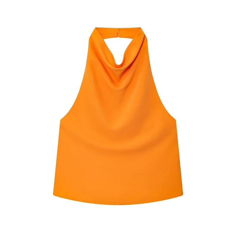 Top satinato da donna con scollo all'americana