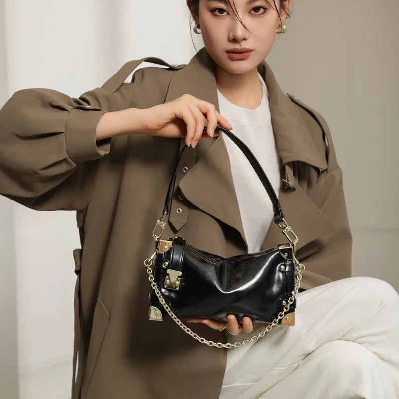 Retro Genuine Leather Handbag Splicing Metal Heavy Industry Small Square Bag for Women 2024 Luxury High-end Shoulder Armpit Bag