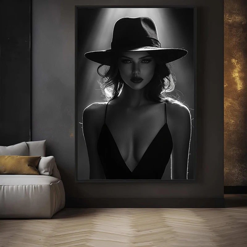 Affiche et impression sur toile d’une élégante femme en noir et blanc portant un chapeau, tableau mural et décoration d’intérieur, cuadros
